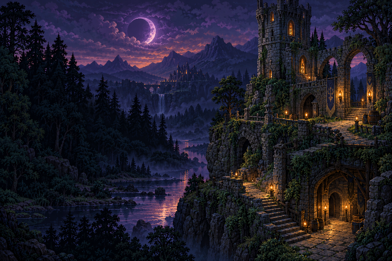 An atmospheric pixel-art landscape with an ancient tower and forest at dusk